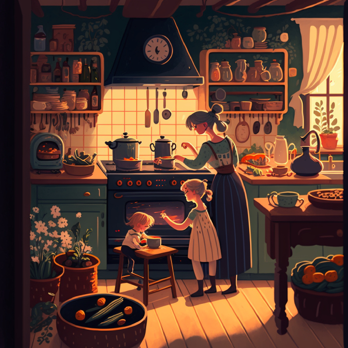 a cozy family scene in the kitchen